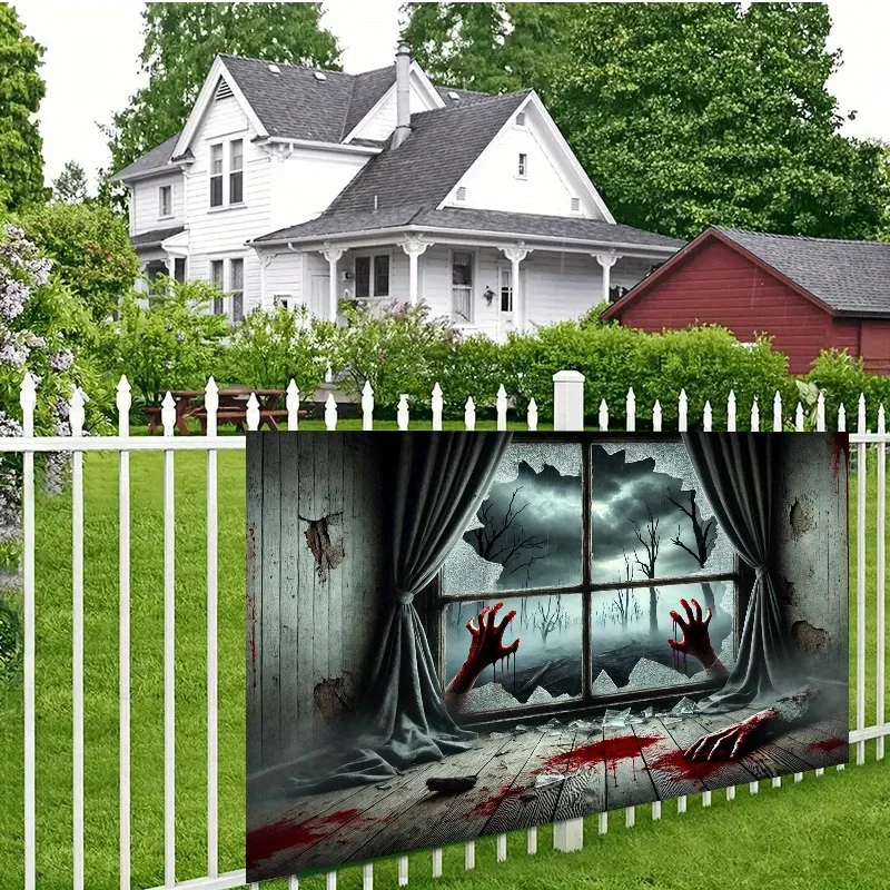 The ghostly, blood-stained hand breaks through the window background, measuring 243.84 x 182.88 centimeters - living roomDJH