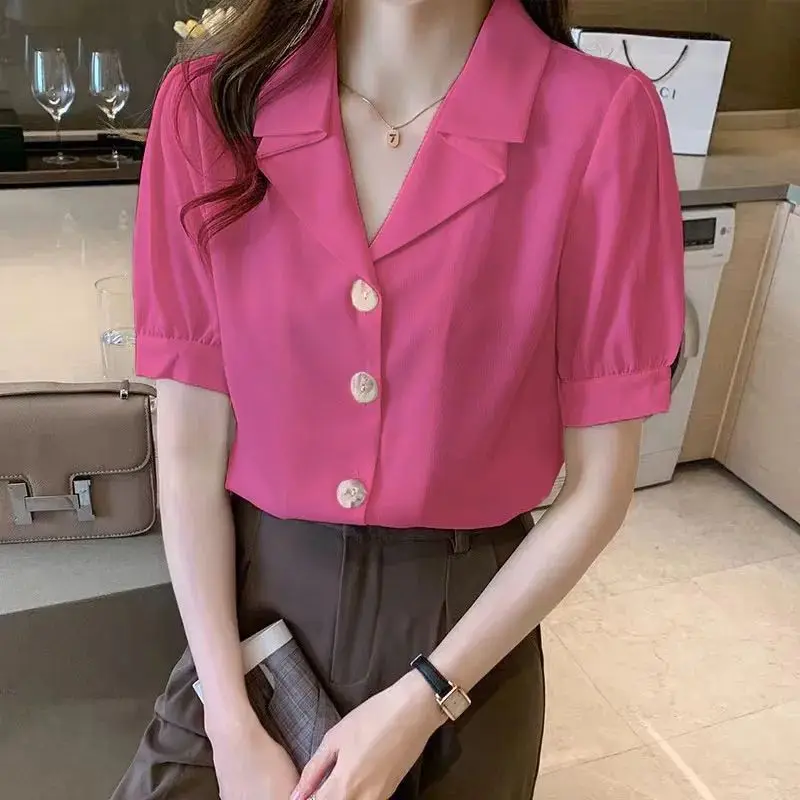 

Short Sleeved Temperament Design Retro V-neck Fashion Style New Summer Korean Style Chiffon Shirt for Women