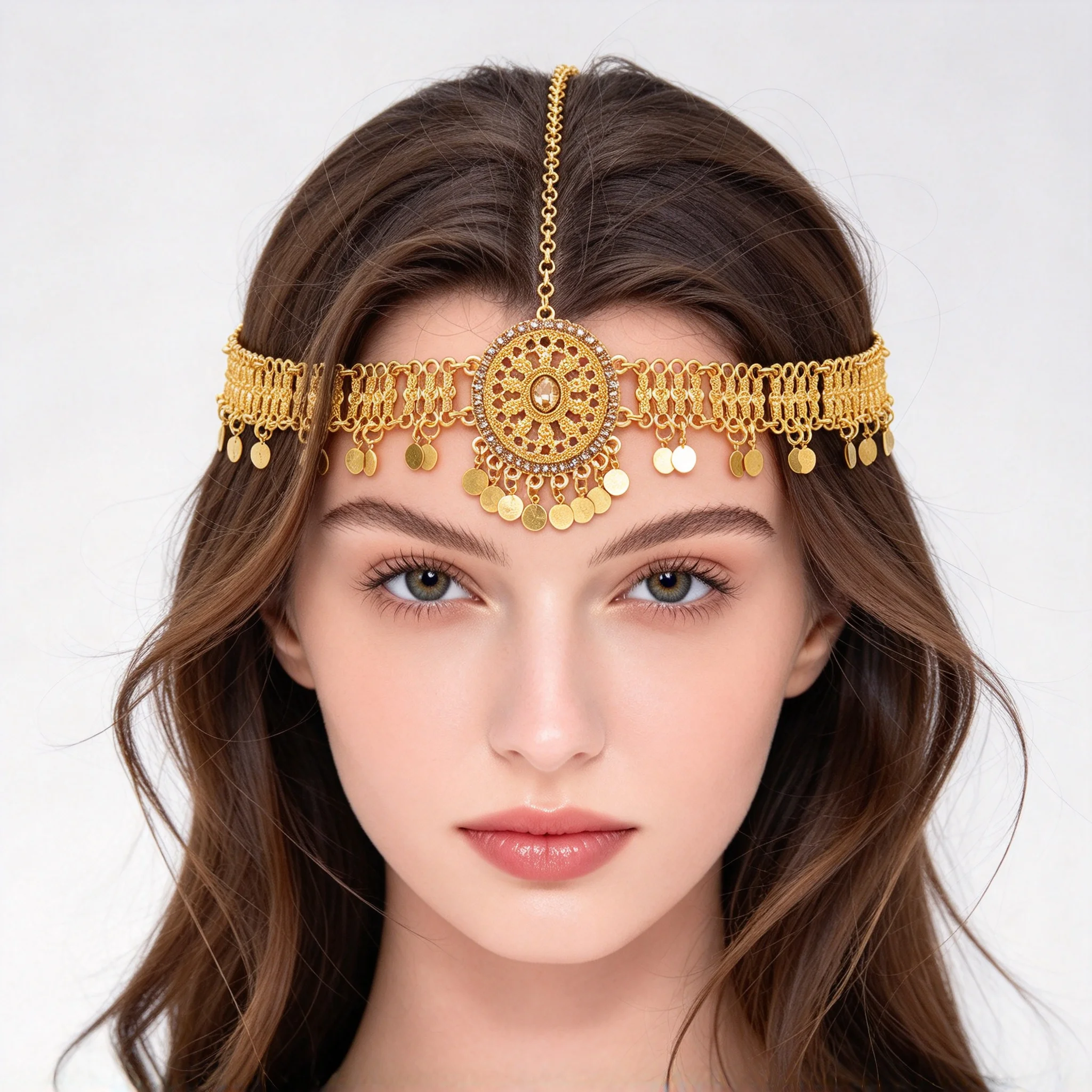 Bohemian Gold Coin Tassel Maang Tikka Head Chain Rhinestone Ethnic Forehead Headpiece Belly Dance Gypsy Festival Hair Jewelry