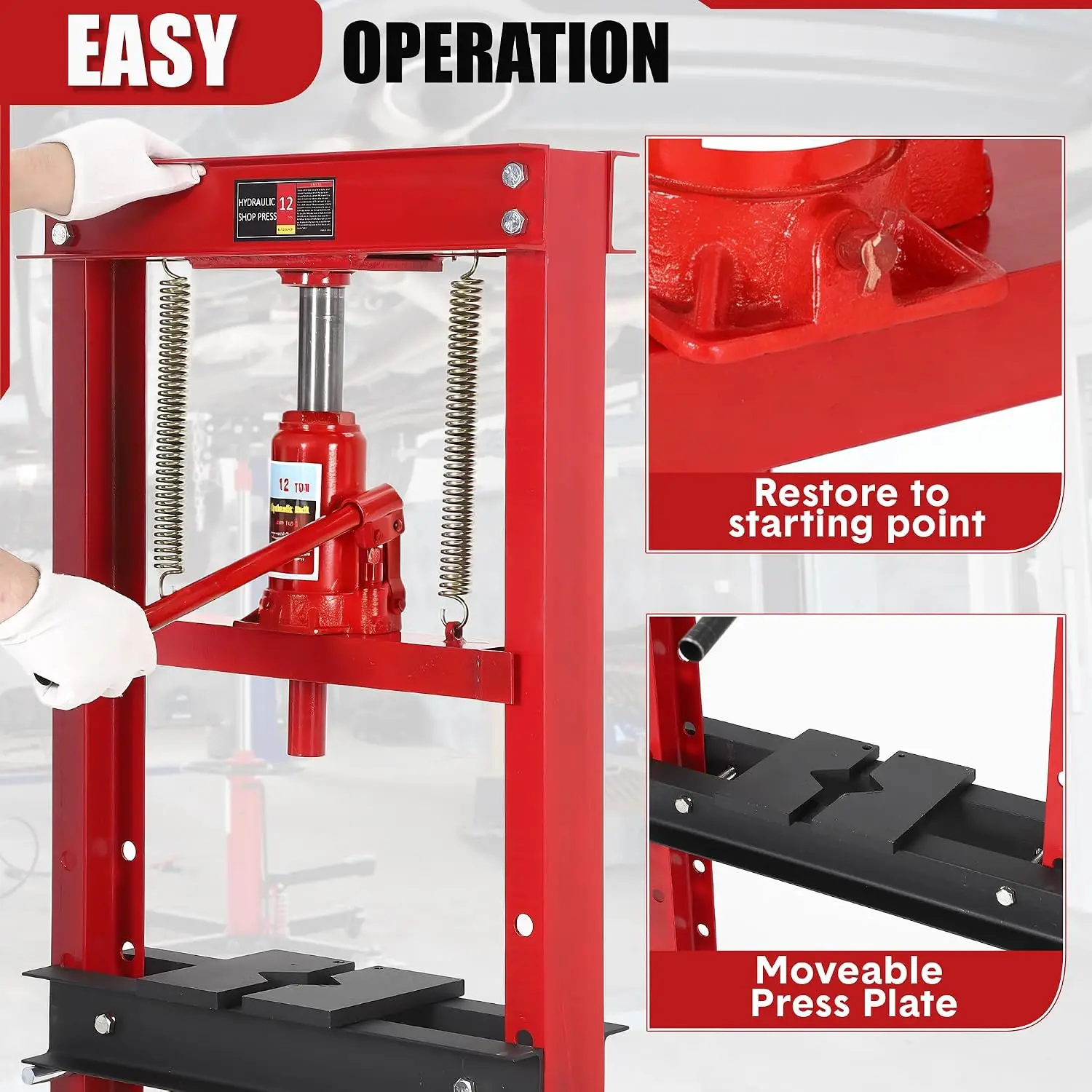 Tacleekii  Hydraulic Shop Press 12 Ton H-Frame Floor Bearing Press Tool Rugged Carbon Steel Build, Stable Triangle Support, 2 Press Plates Adjustable Plates