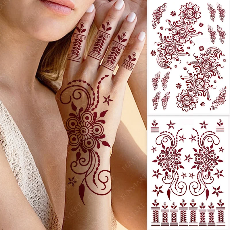 Brown Henna Tattoos for Women Waterproof Temporary Tattoo Stickers  for Hand Flower Fake Tattoo for Wedding Festival Body Art