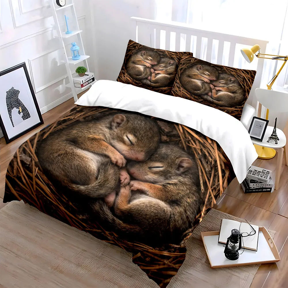 Snuggled baby squirrels tightly nestled Printed Duvet Cover Set1 Duvet Cover+2 PillowcaseMulti Size Bedroom Bedding Decor