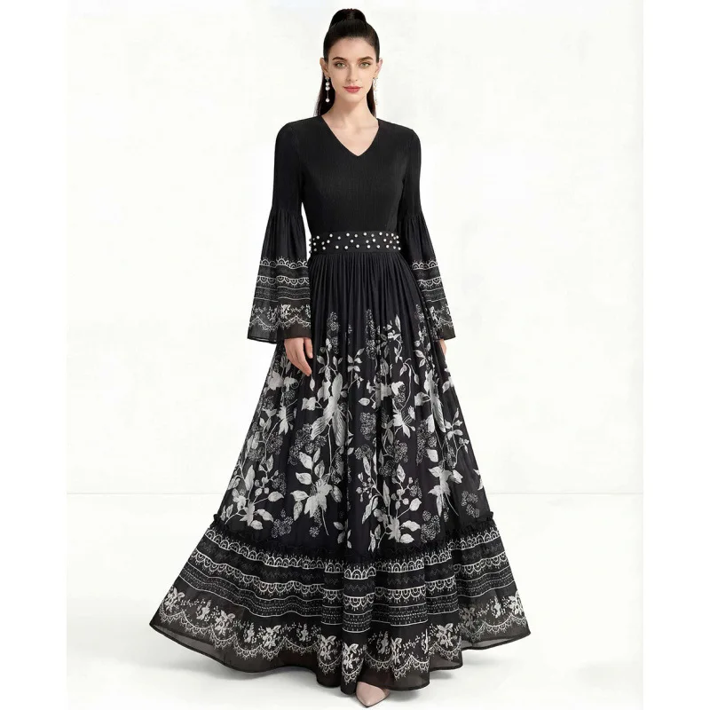 ชุดเดรสยาวพลีทสไตล์ยุโรปสำหรับผู้หญิง ผ้ากำมะหยี่ ทรงหลวม ไม่มีตะเข็บกลาง แฟชั่นทันสมัย