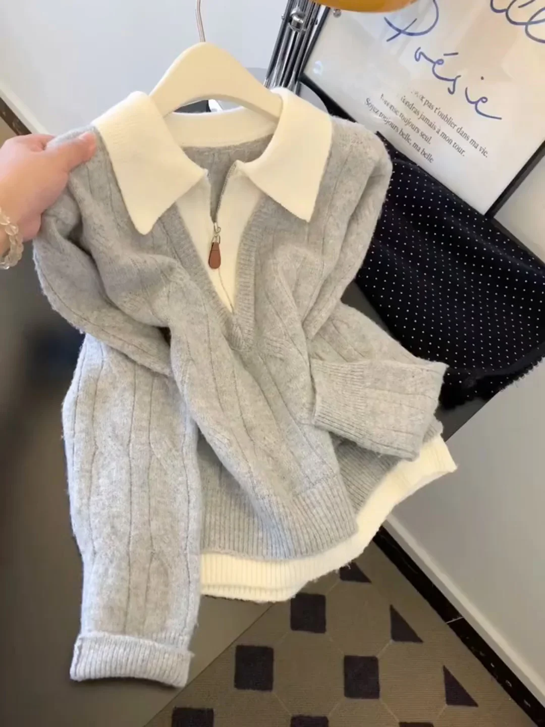 

Soft ey Ne f Zip Knitted Sweater Women's Faion Commute Sle Loose Fit Long Sve Warmth Emitting Top