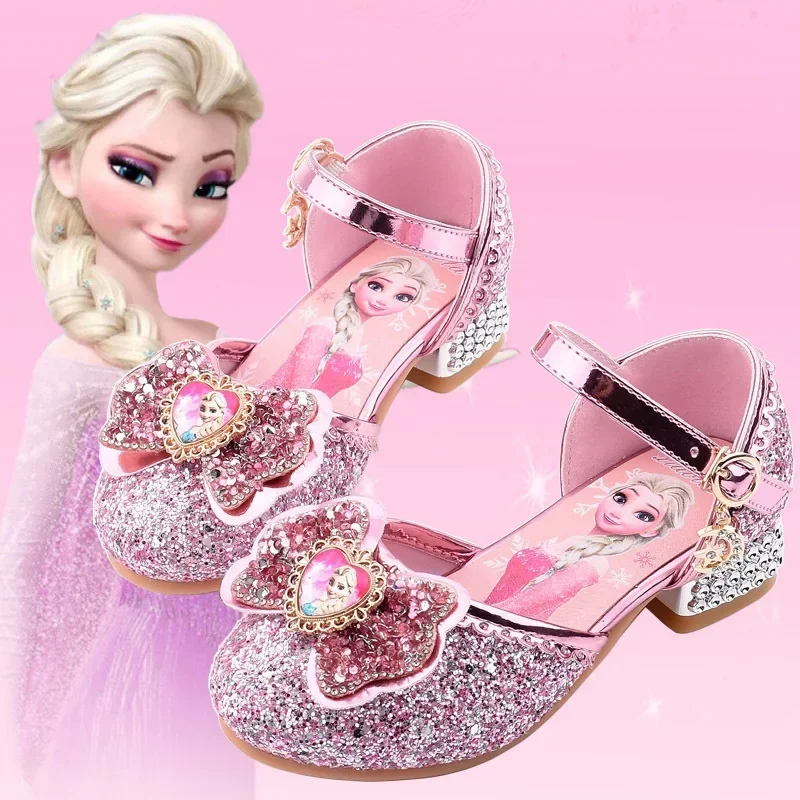 Disney Frozen Elsa Kids High Heels Shoes For Girls Cartoon Leather Children Shoes Princess Shoes Girl Sandals Dress Snow Queen