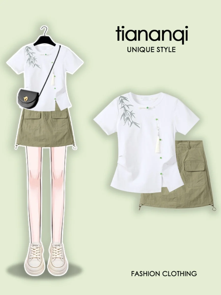 

plus Size Retro round Ne Bamboo Forest Print Button ort Sve T-irt Hong Kong Sle Versatile orts Faionable Summe...