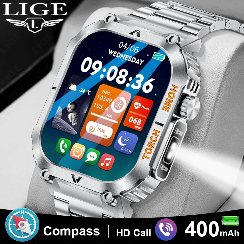 

LIGE 2026 Rugged Military Smart Watch Men Compass Outdoor Watches 3ATM Waterproof 2.02" BT Call Man Smartwatches For Android IOS