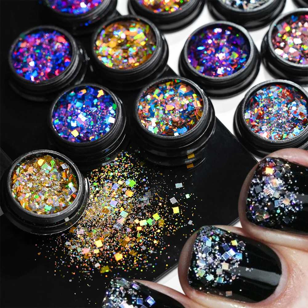 12 frascos/conjunto holográfico chunky glitter lantejoulas laser quadrado fatia flocos misturados arte do prego solto glitter gel polonês decorações de unhas