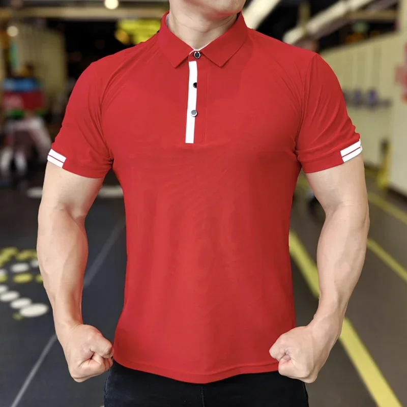 Athleisure da uomo Ice Silk Top Tee felpe Fitness Training collant Golf Short risvolto Activewear Sleeve Gym Muscle Fit Shirt