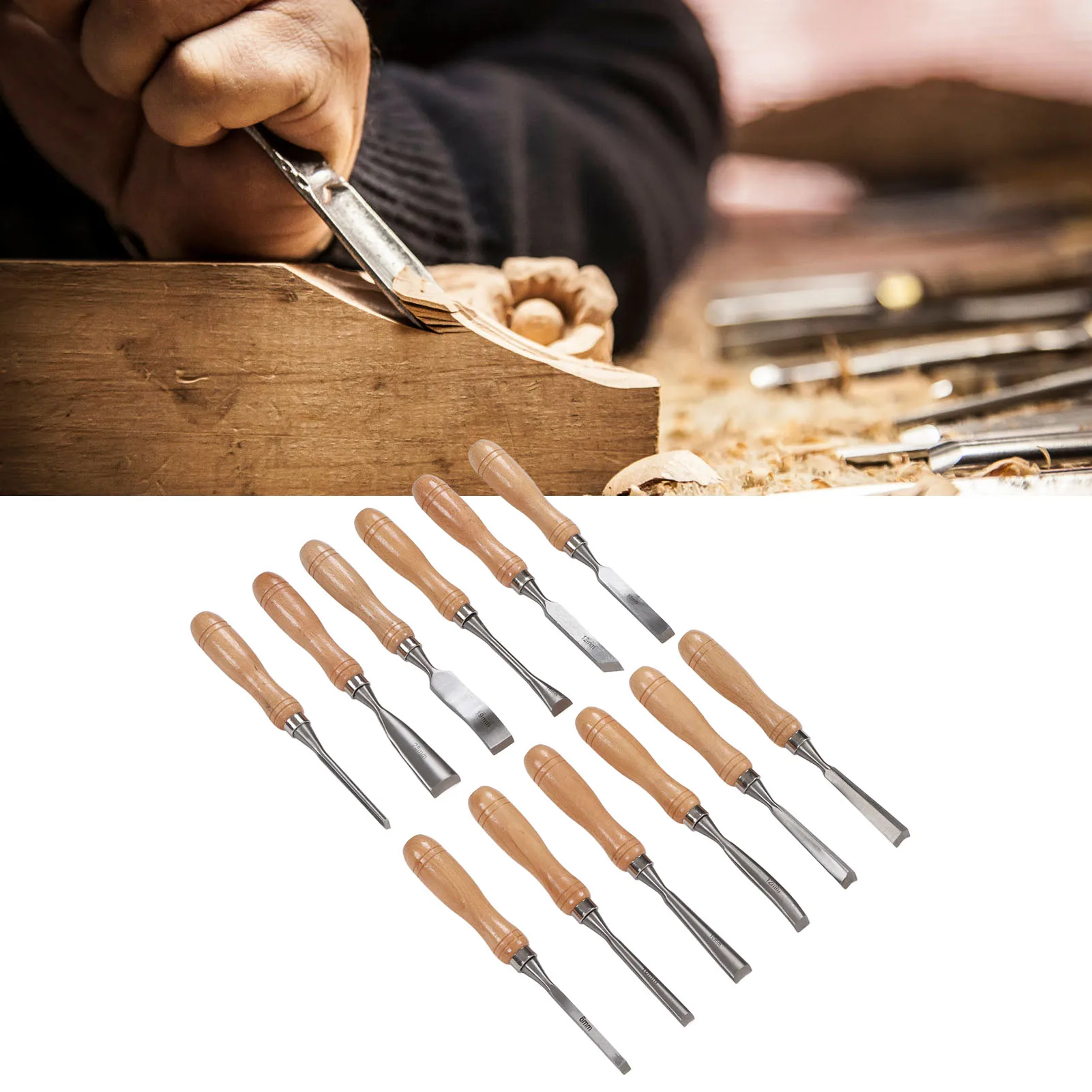12Pcs Hand Chisels Beech Handle Carbon Steel Blade Incisive Carving Chisel Kit for Woodworking Hand Chisels Wood Carving Chisels