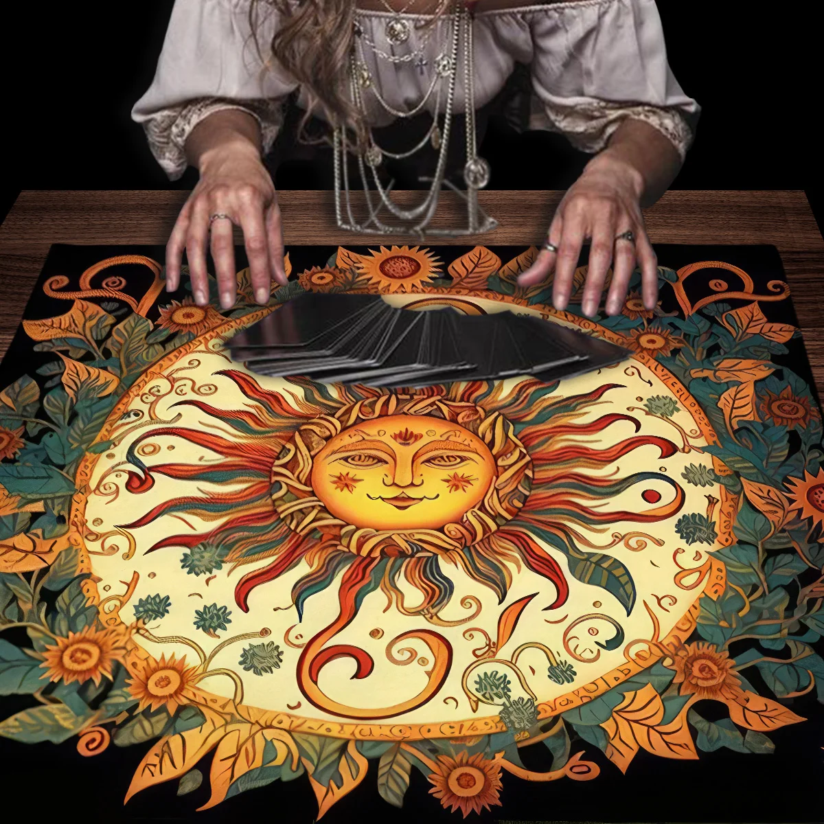 الأزهار والشمس بطاقة التارو مفرش المائدة المذبح القماش زهرة الحياة انتشار التارو القراءة القماش الروحي أوراكل بطاقة الوسادة