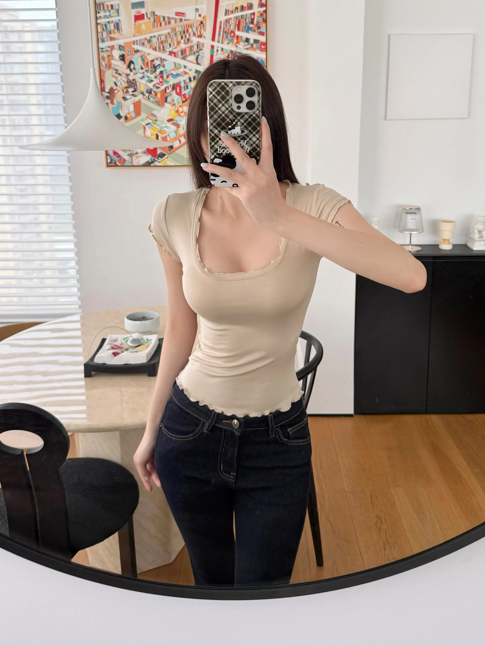 Slim Fit Short Sleeve T-Shirt U-Neck Wave Lace Trim Girl Style Waist Cinched Shoulder T-Shirt Light Maturity Style Ladies Top