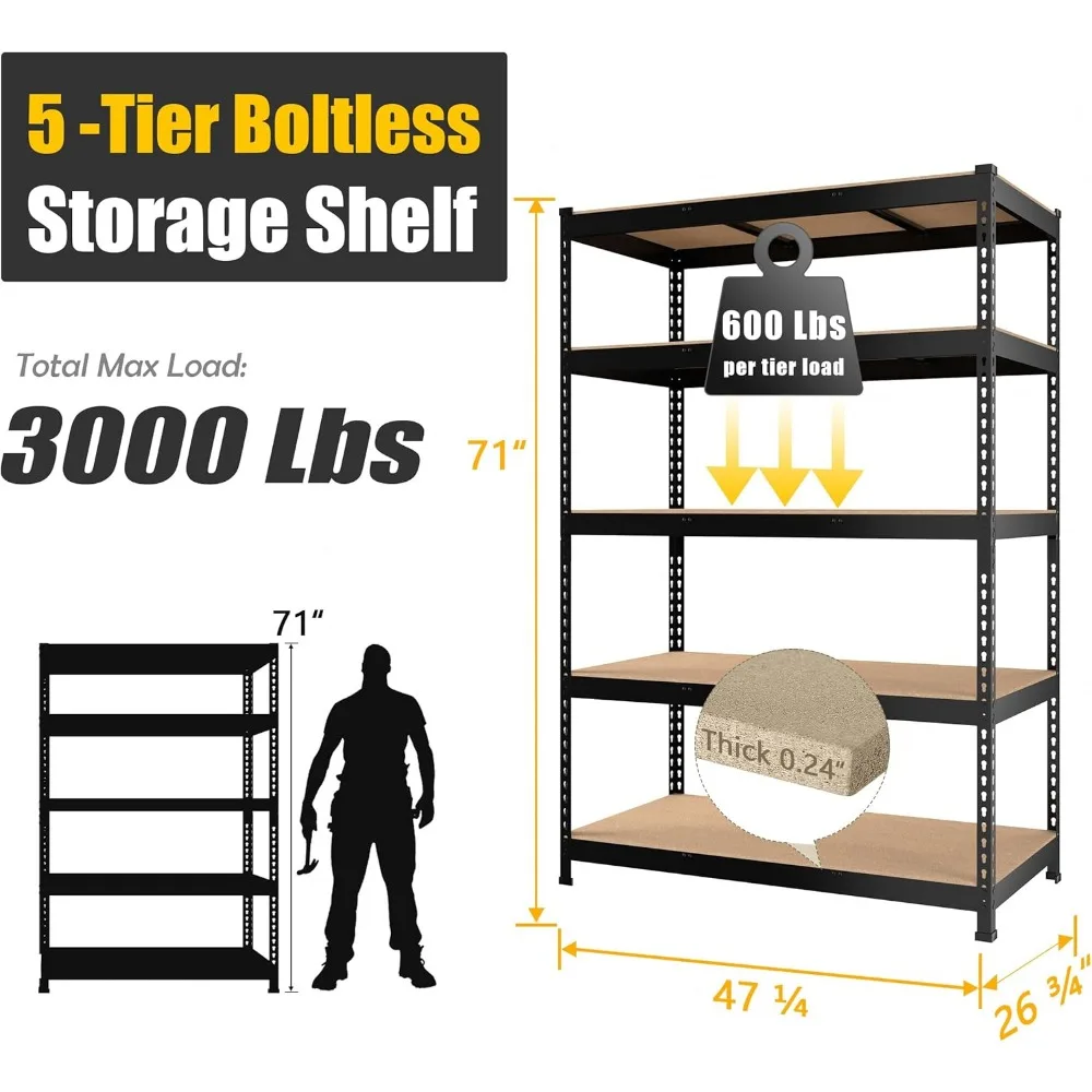 Grandes étagères de rangement en métal, étagère de garage réglable à 5 niveaux, 47 po l x 23.6 po p x 71 po h