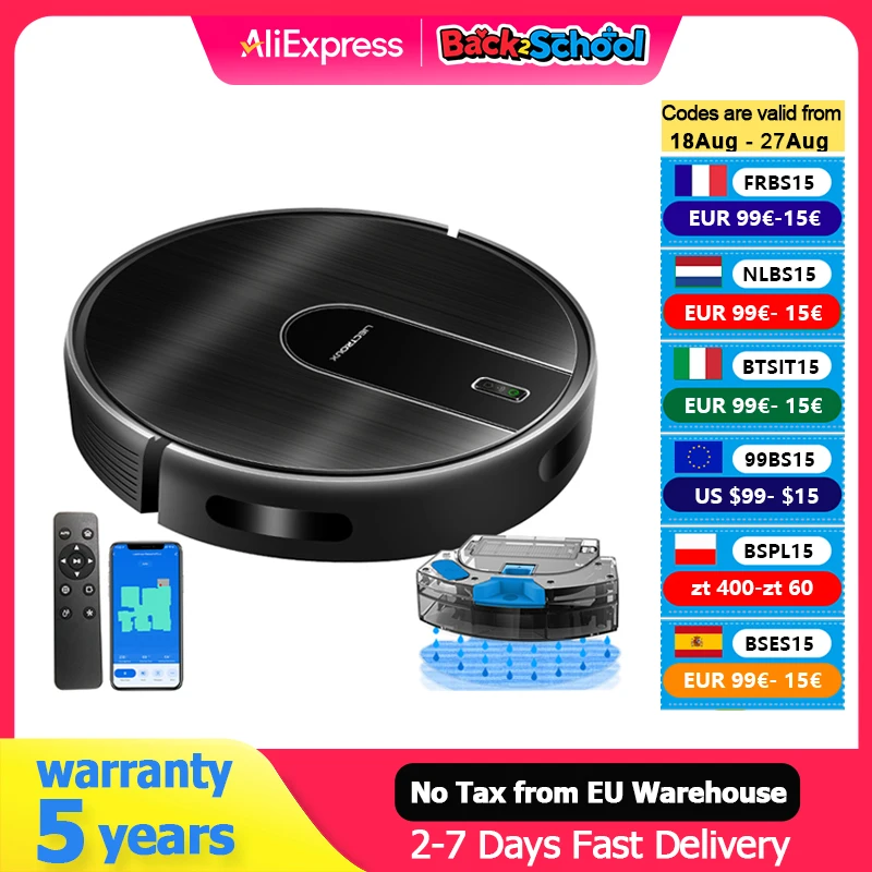 (Code: AEEU55) Robot Aspirapolvere LIECTROUX N7S-U,Combo di pulizia a secco e a umido,Mappatura intelligente,App WiFi,Aspirazione da 4KPa,Motore senza spazzole,Funziona con Alexa e Google