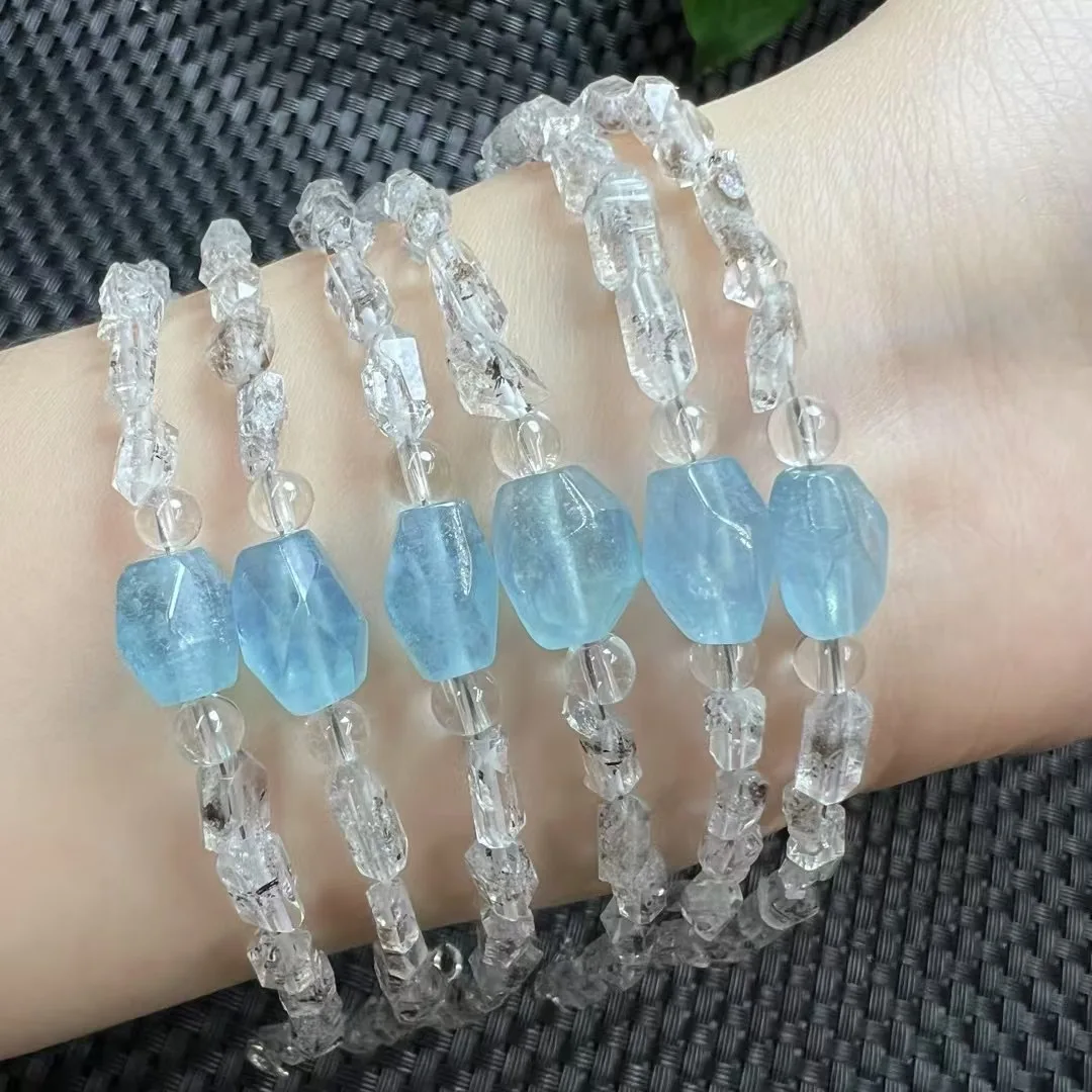 1 Pc Fengbaowu Natural Herkimer Diamond Aquamarine Bracelet 925 Sterling Silver Crystal Healing Stone Jewelry Gift For Women