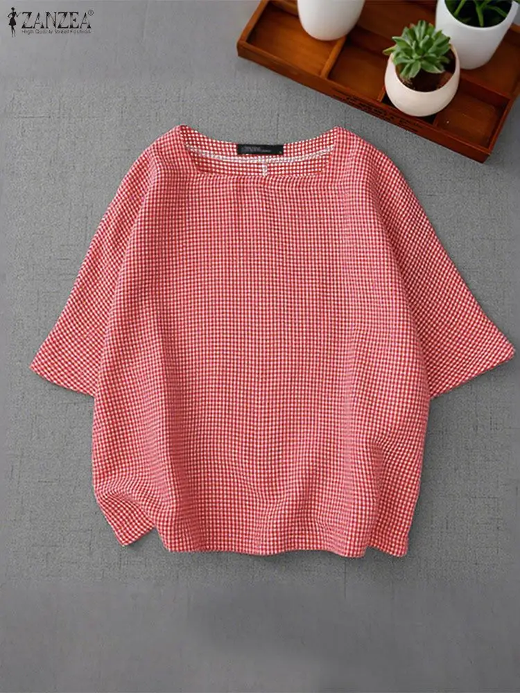 เสื้อผู้หญิง ZANZEA ฤดูร้อน 2025 ลายสก็อต คอเหลี่ยม แขนสั้น สไตล์ลำลอง เหมาะสำหรับทำงาน ทรงโอเวอร์ไซส์