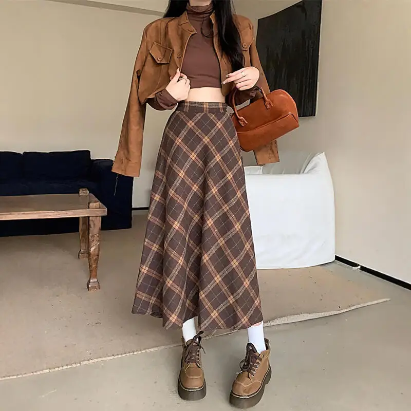 婦人服 ロングスカート ミディスカート 英国風 レトロ チェック柄 ハイウエスト 新しい Aラインスカート ファッション 快適