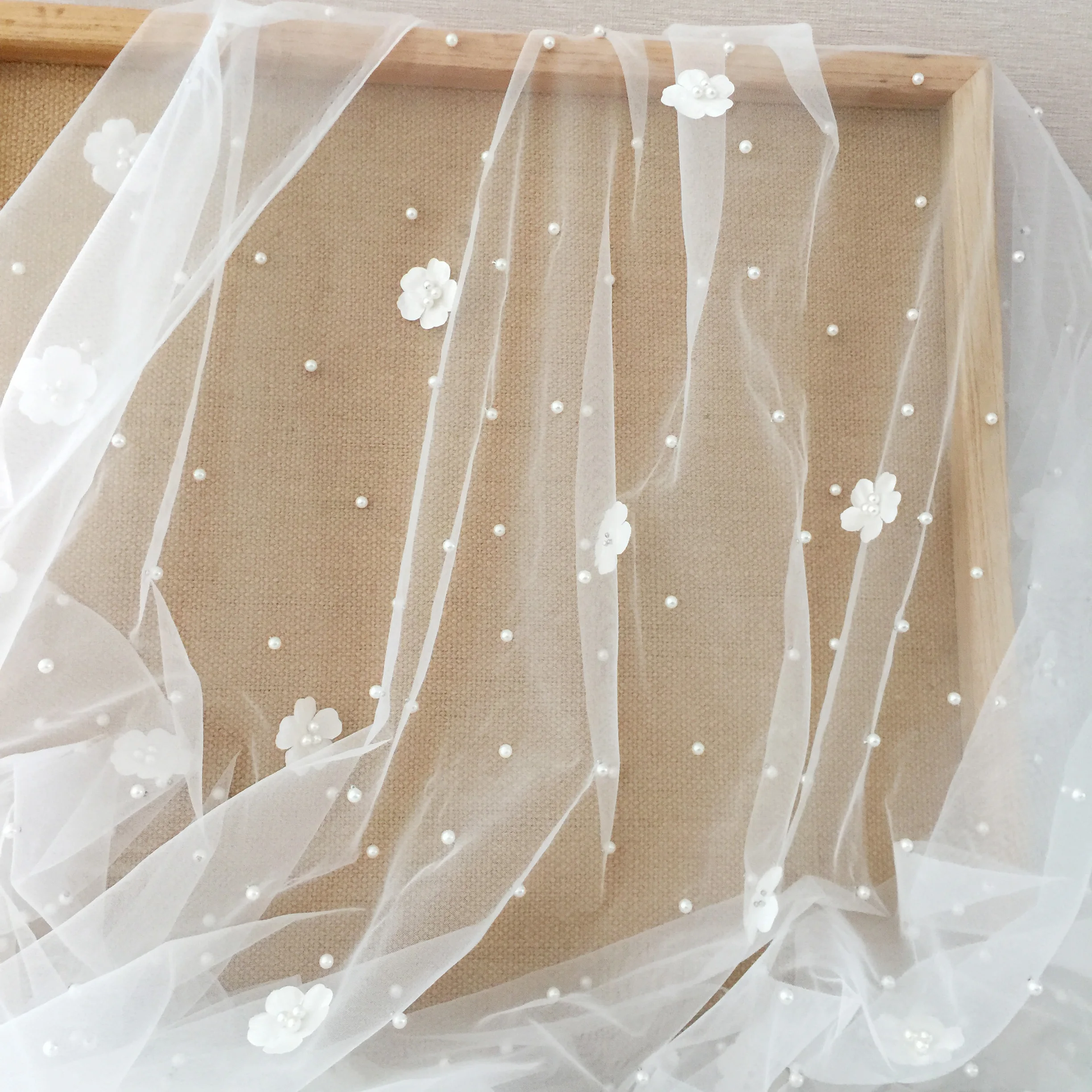3D Flower Pearl Studded Mesh Fabric, Sewing Lace, Wedding Dress, High Set, DIY Accessories, RS4058