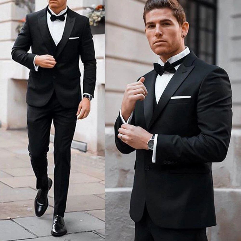 Black Wedding Tuxedos Peaked Lapel Slim Fit Two Button Groom Wear Formal Prom Men Suit 3Pcs Terno Masculino(Jacket+Pants+Vest)