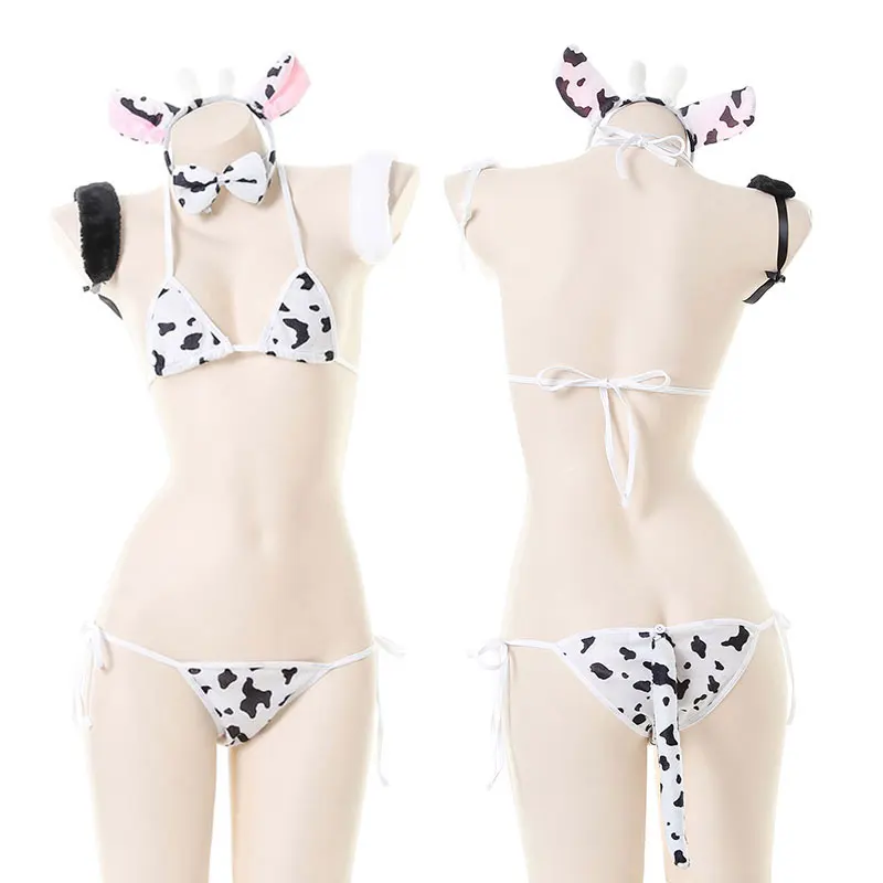 Sexy Cos Cow Cosplay Costume Maid Lolita Bra and Panty Set Stockings Erotic Lingerie Onlyfans Women Naughty Bikini Set image 2