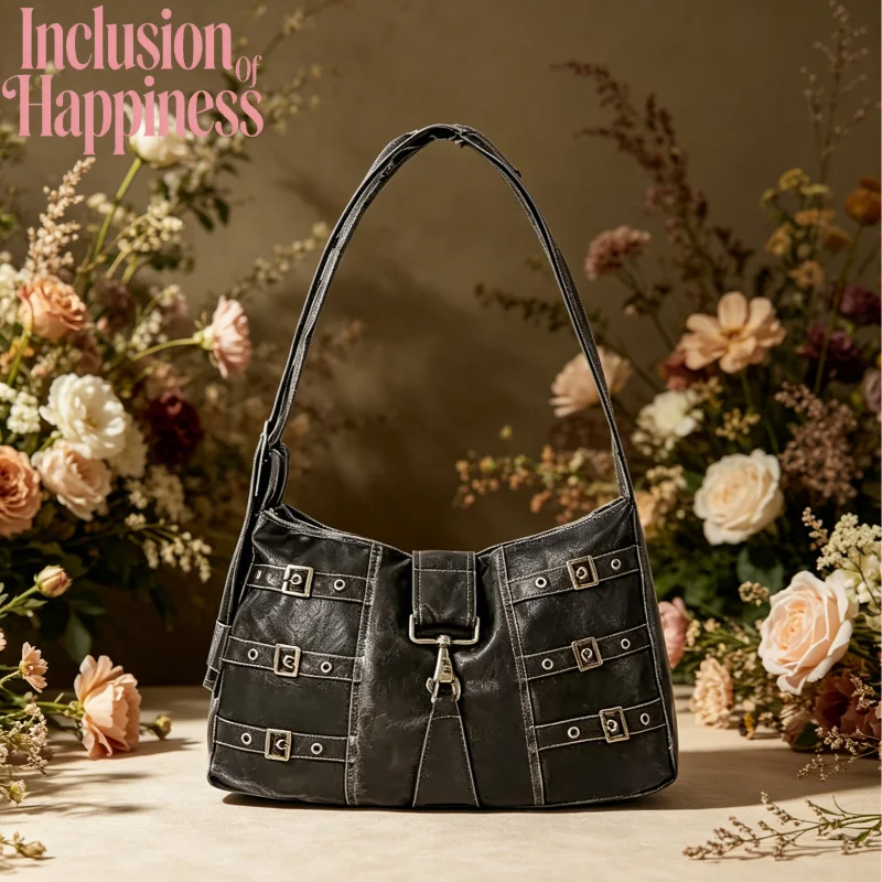 American Punk Retro Pu Leather Shoulder Bag Metal Buckle Black Motorcycle Bag Cool Style Handbag Large Capacity Commuting Bag