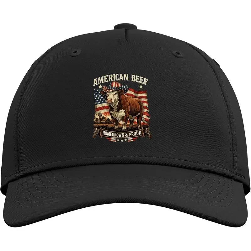 American Beef Homegrown & Proud US Flag Patriotic Cattle Adjustable Baseball Hat