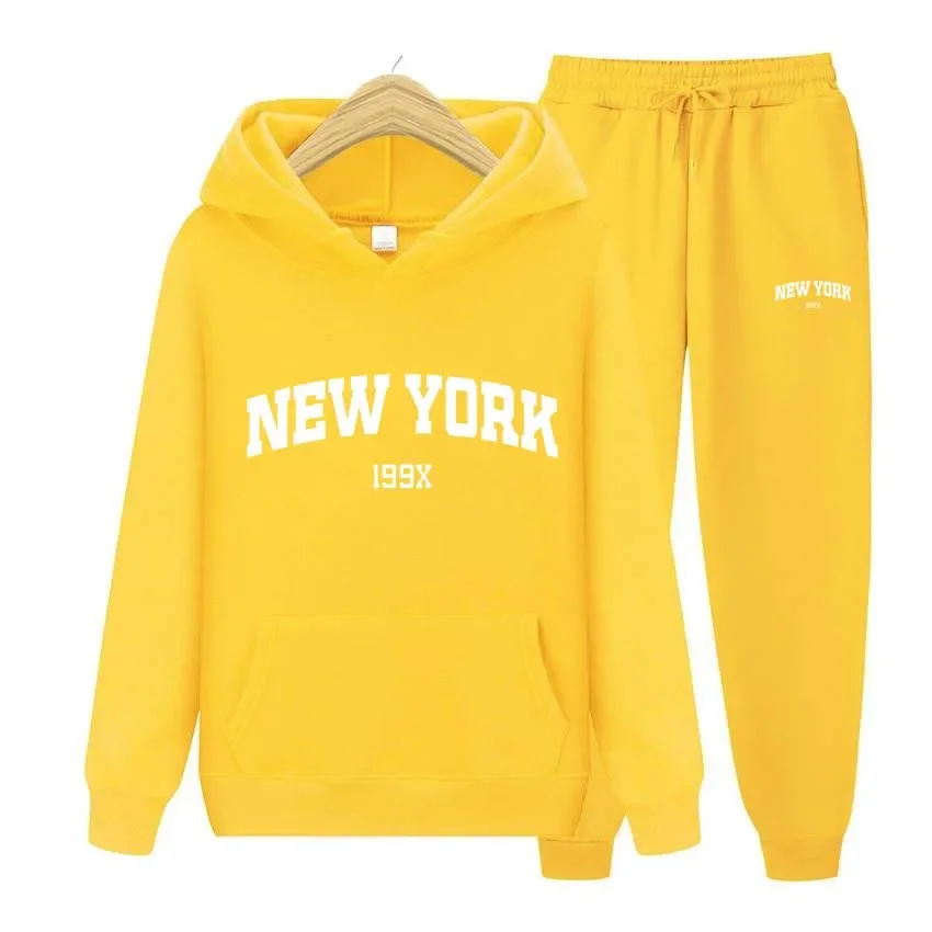 Men\'s and women\'s pants and sweater set, sportswear, running shoes, brand, New York print, autumn and winter, 2 pieces