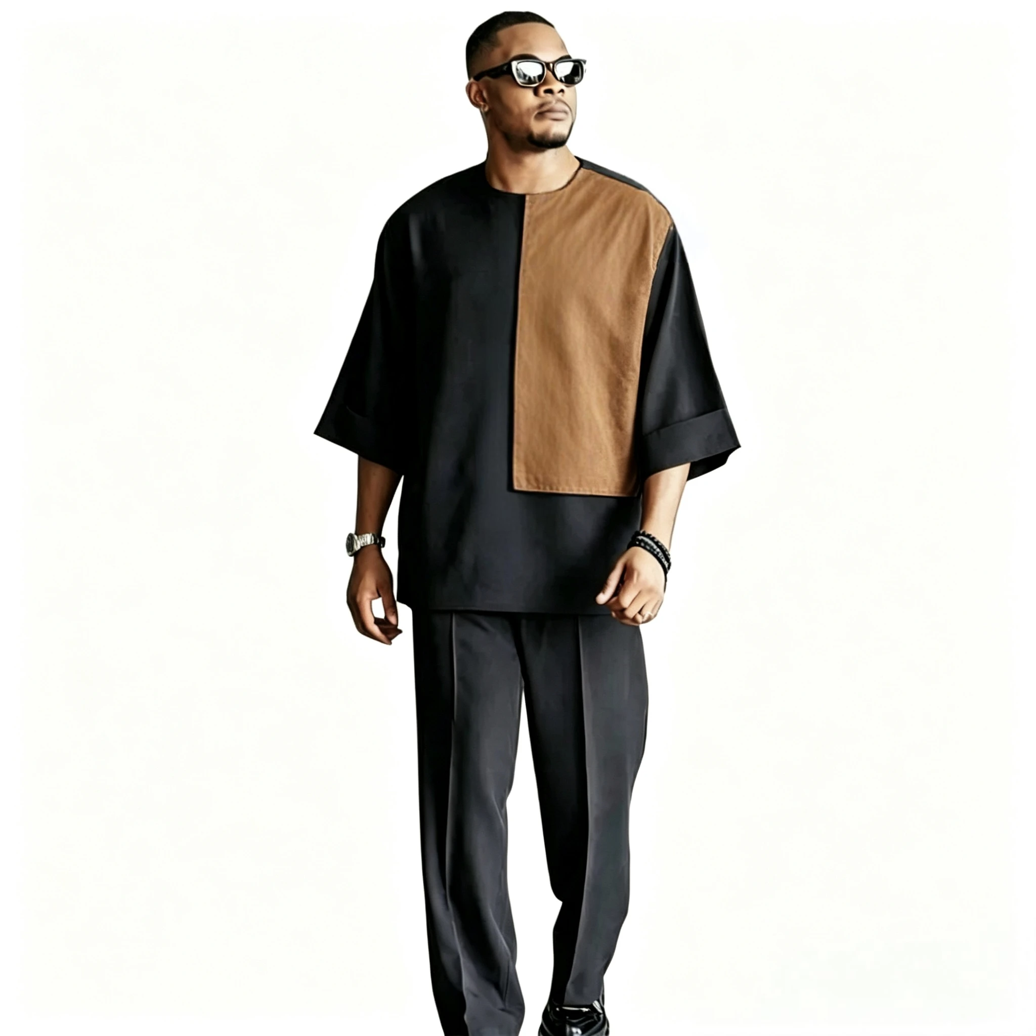 Ropa africana de manga 3/4 para hombre, conjunto holgado de estilo nigeriano, Tops de retazos con pantalón, traje de fiesta hecho a medida