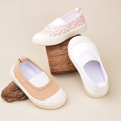 Spring Little Girls Lovely Pink Flower Printed Flat Canvas Shoes Kids Slip-on White Blank Daily Casual Walking Shoes EK9S43