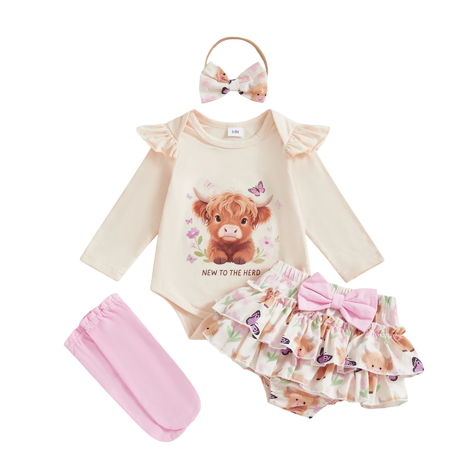 

Baby Girl Fall Outfit Highland Cattle Print Long Sleeve Romper Layered Ruffled Mini Skirt Stockings and Bow Headband 4 Pcs Set