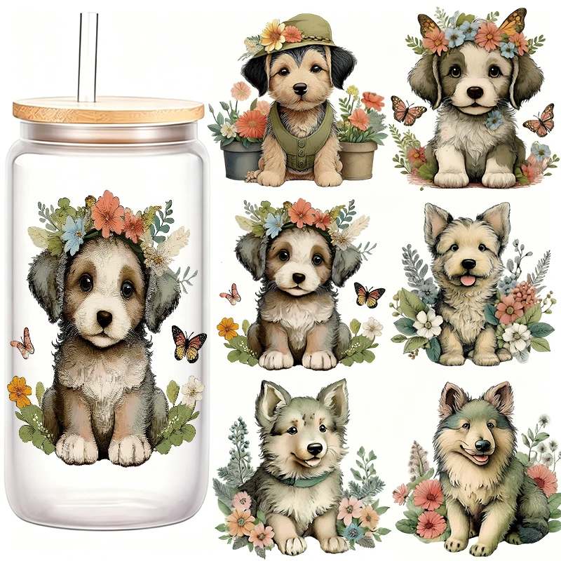 6Pcs Cute Love Dog Floral Butterfly Glass Jars Wrap Coffee Cups UV DTF High Self-adhensive Wrap Crystal Transfer Decals for Mugs