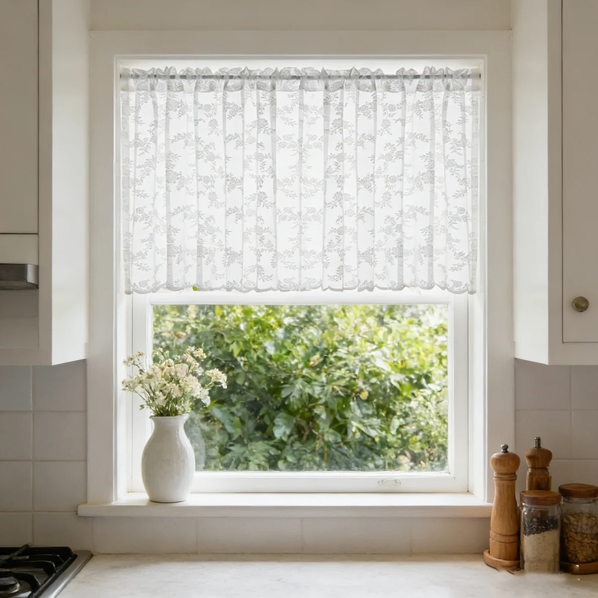 1Pc,White Mesh Lace Rose Flower Short Tulle Curtains with Wavy edge Half Curtain for Small Window, Doorway,Cupboard Decorative
