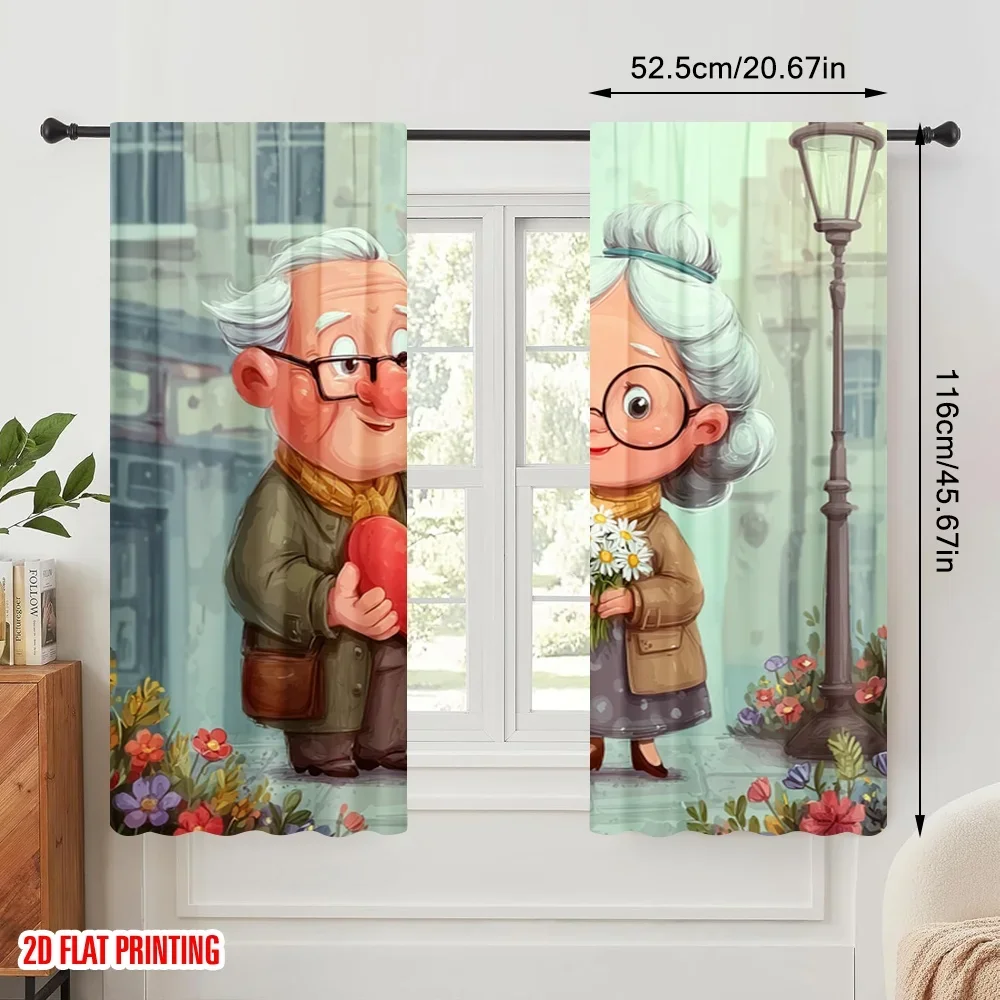 2pcs,2D plane printing Curtain Fabric Grandmother and Grandfather Love Story Versatile Polyester Fabric (without rod)