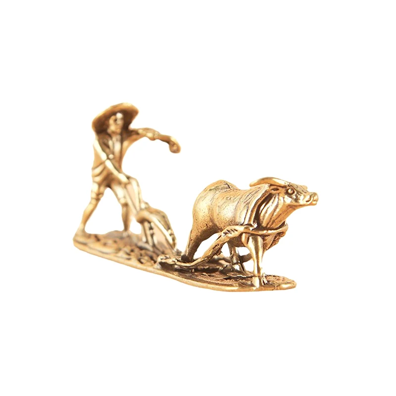 NEW 1PC Vintage Home Ornament Collection Of Tea Pet Brass Carving Handholds Metal Crafts Old Farmer And Cow Living Room Decor