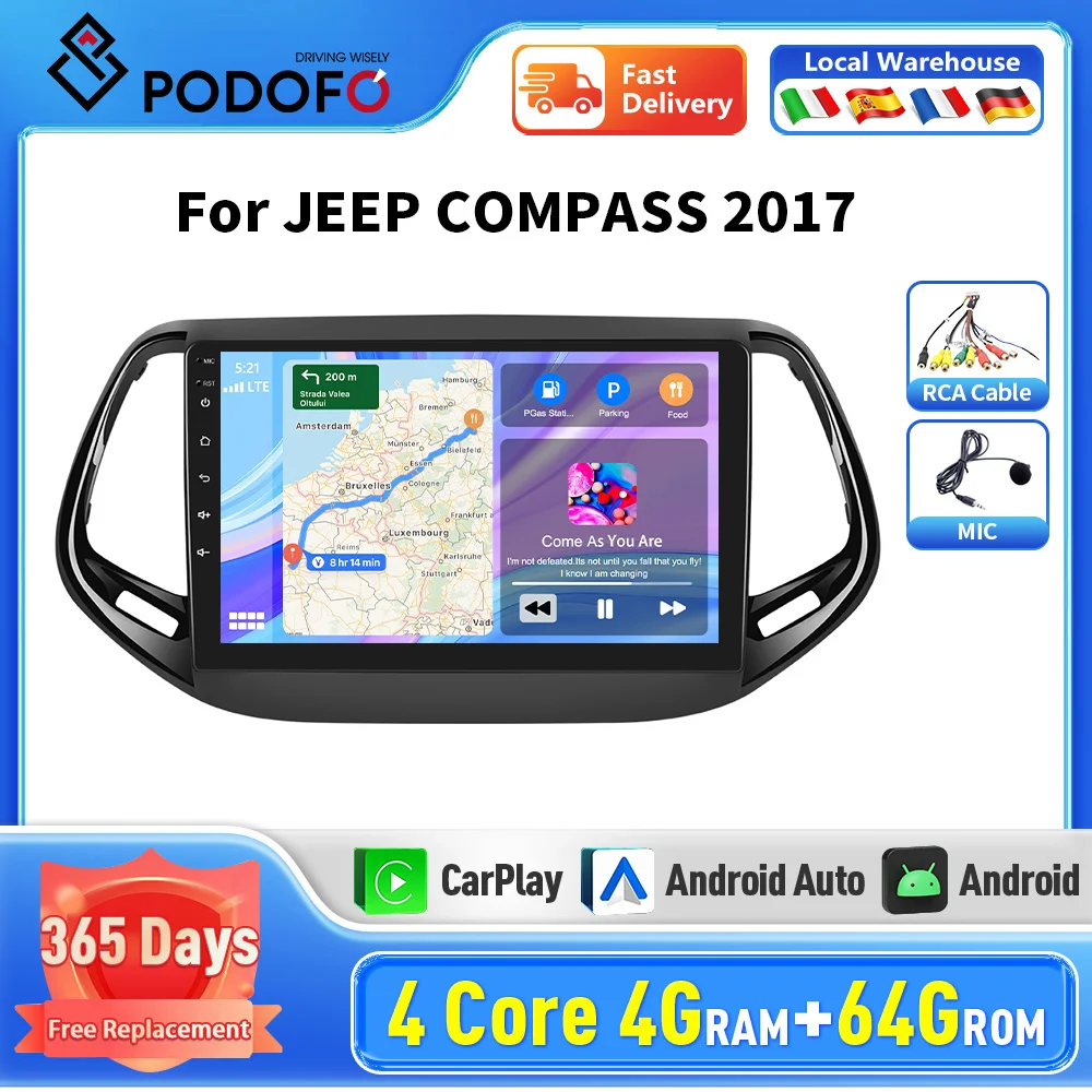 Podofo Android For JEEP COMPASS 2017 Multimedia Navigation Car GPS Car Stereo Carplay Radio 10inch Screen autoradio