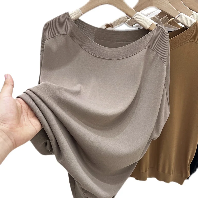 plus Size Women's One oulder Pure Color Ice Silk Knitted ort Sve T-irt Summer Loose Slim Batwing Sve Faionable Top