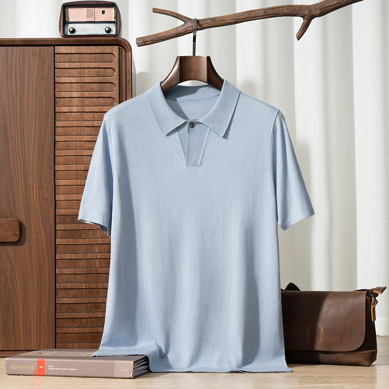 Men's polo Shirt T-Shirt 10% Cashmere 20%Wool 70% Mulberry Silk Short Sleeved Summer New Business Casual Top Solid Color Clothes