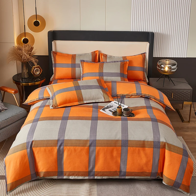 Light Luxury Plaid Pattern Duvet Cover Set Geometric Printed Queen/King Size Bedding Set Soft Skin-friendly Zipper Quilt Cover