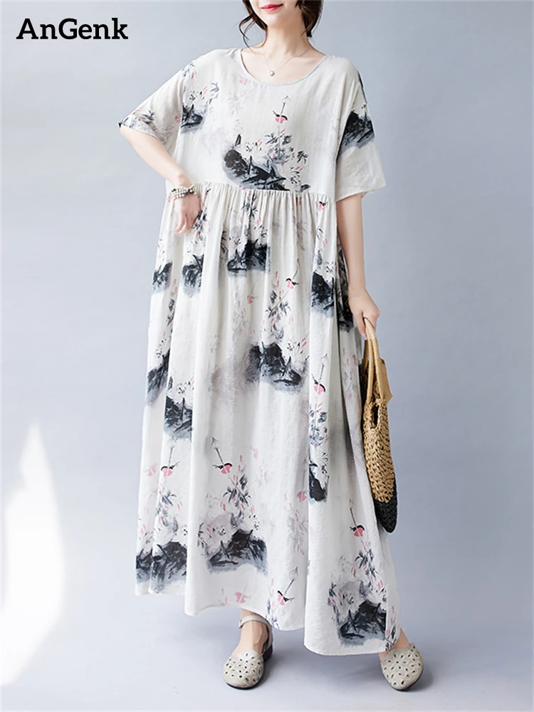 

Oversize Cotton Print Vintage Long Dresses For Women 2023 Summer Casual Loose Thin Dress Femme Robe Office Lady Elegant Clothing
