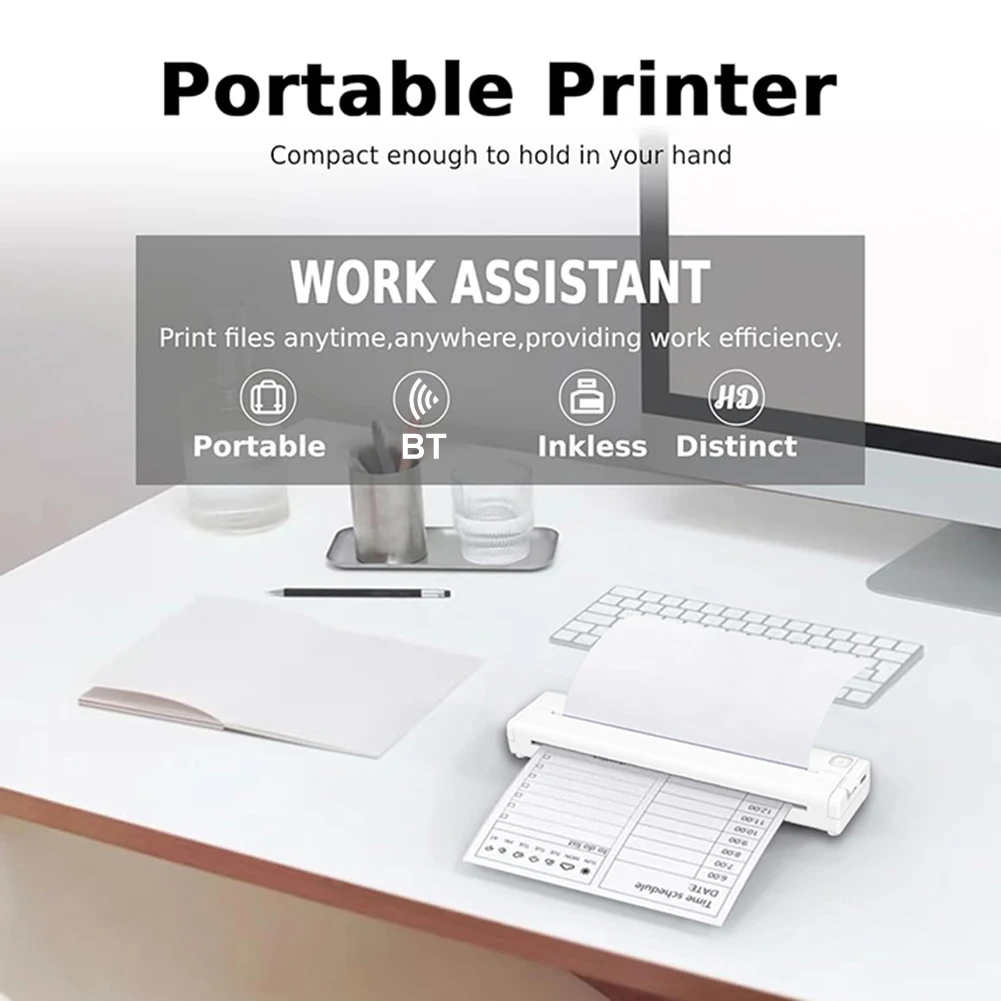 A4 Portable Thermal Printer Inkless BT Wireless Portable Printer with Printing Paper Min Portable A4 Label Maker Home Office Use