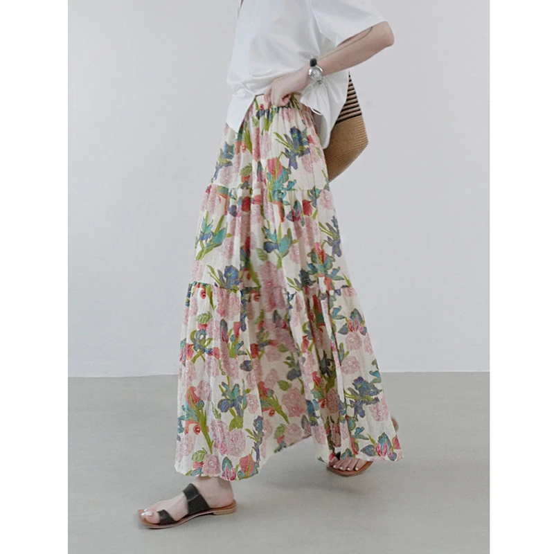 Spring & Autumn 26 New Arrival Women Loose Casual Floral Print A-line Skirt Sweet Cute Forest Girl Ankle-length Long Skirts T95