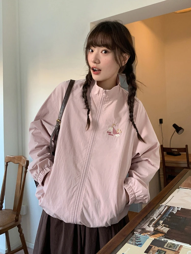 ผู้หญิงสบายๆแจ็คเก็ตเบสบอลฤดูใบไม้ผลิฤดูร้อนบางหลวม Fit ปักลูกสุนัข STAND COLLAR Zip Up TOP Coat Chic Outerwear