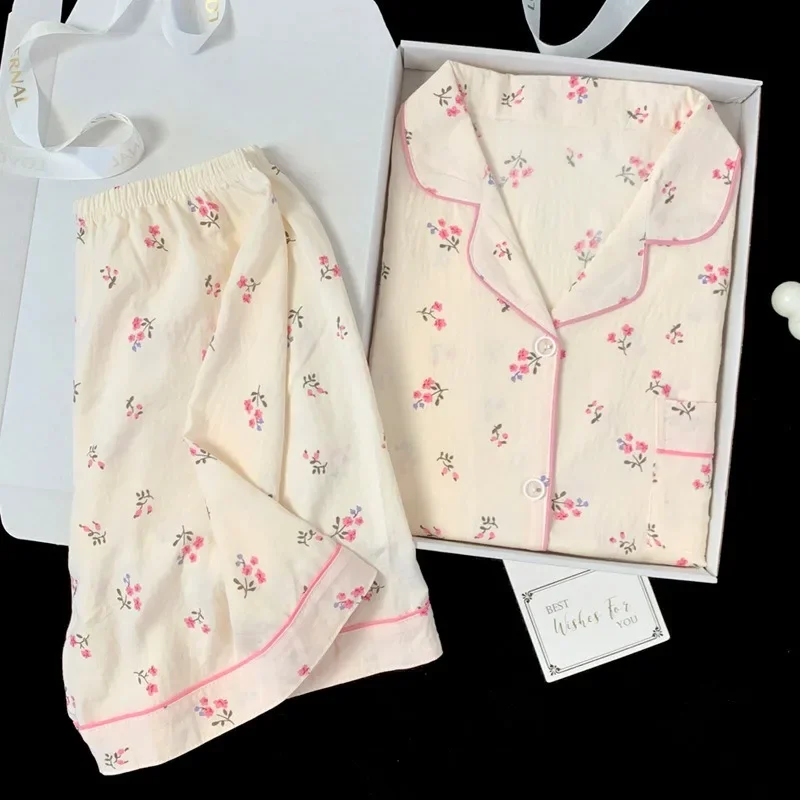 

Summer Cloud Cotton Cute Pajamas Print Short Sleeve Shorts Women Lapel Buttons Student Loungewear Ladies Floral Sleepwear