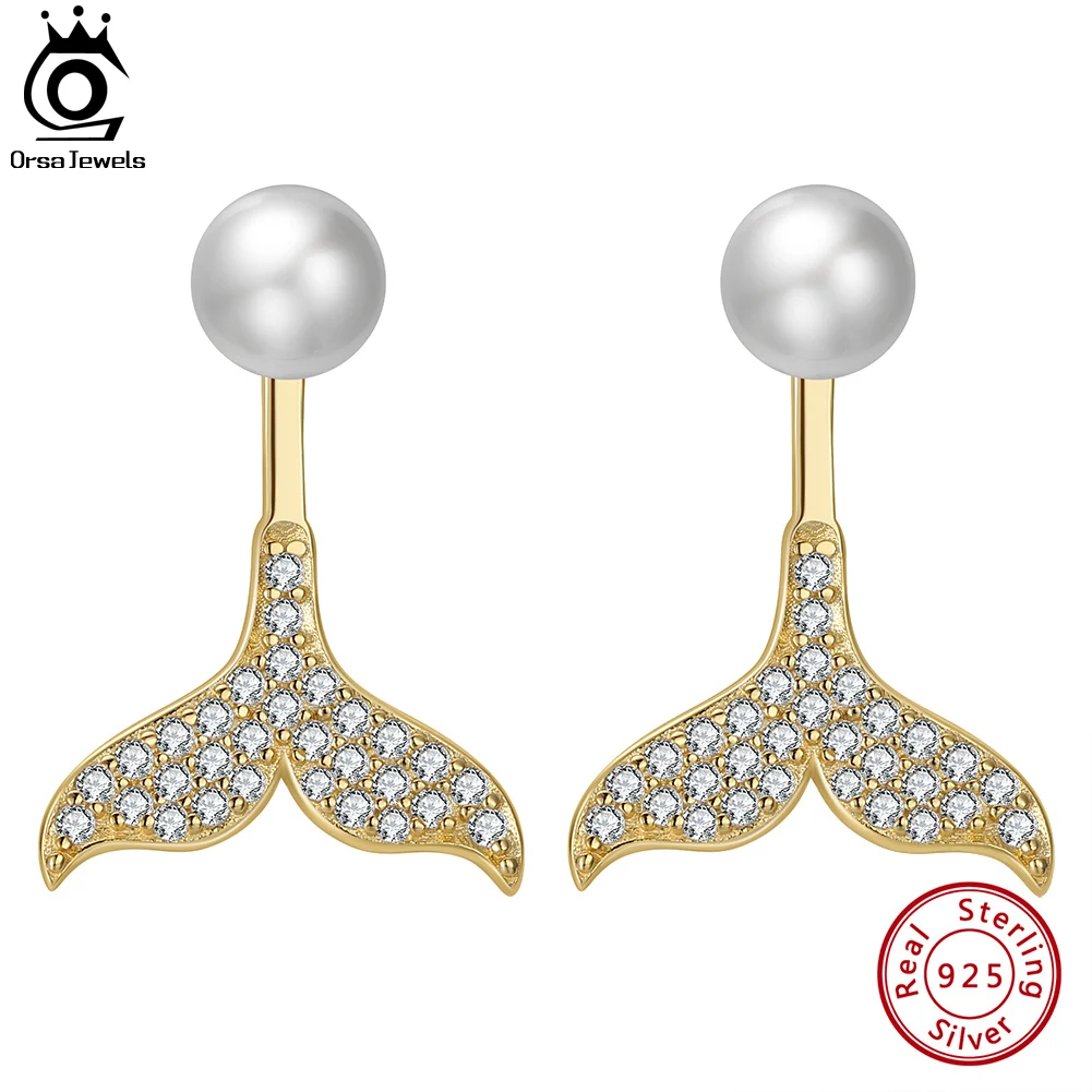 

ORSA JEWELS 14K Gold 925 Sterling Silver Pearl Earrings with Shiny Elegant Mermaid Tail for Women Vintage Party Jewelry GPE34