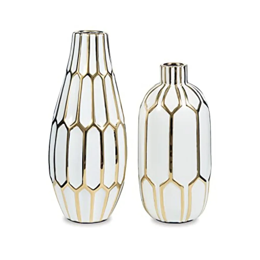 

Mohsen Honeycomb Ceramic 2 Piece Bottle Neck Vase Set, White and Gold