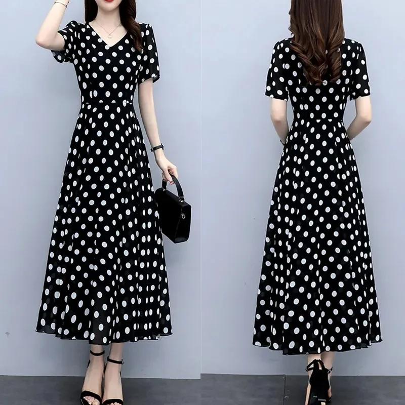 여성용 우아한 시폰 맥시 원피스, 웨이브 포인트 롱 미디 바디콘, 캐주얼 비치 무도회 로브, 2024 여름 드레스