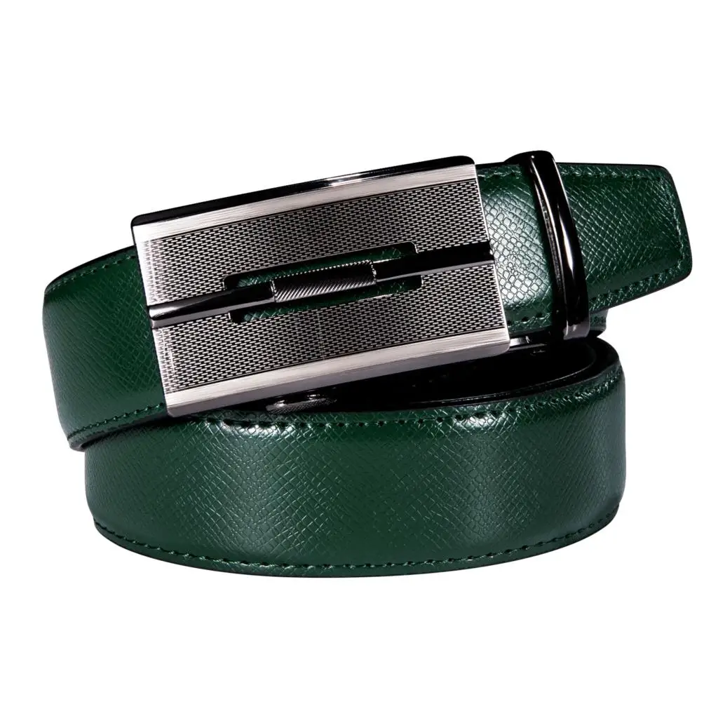 Hi-Tie Vintage Silver Automatic Buckles Mens Belts Luxury Green Genuine Leather Ratchet Trousers Waist Belt for Men Dress Jeans