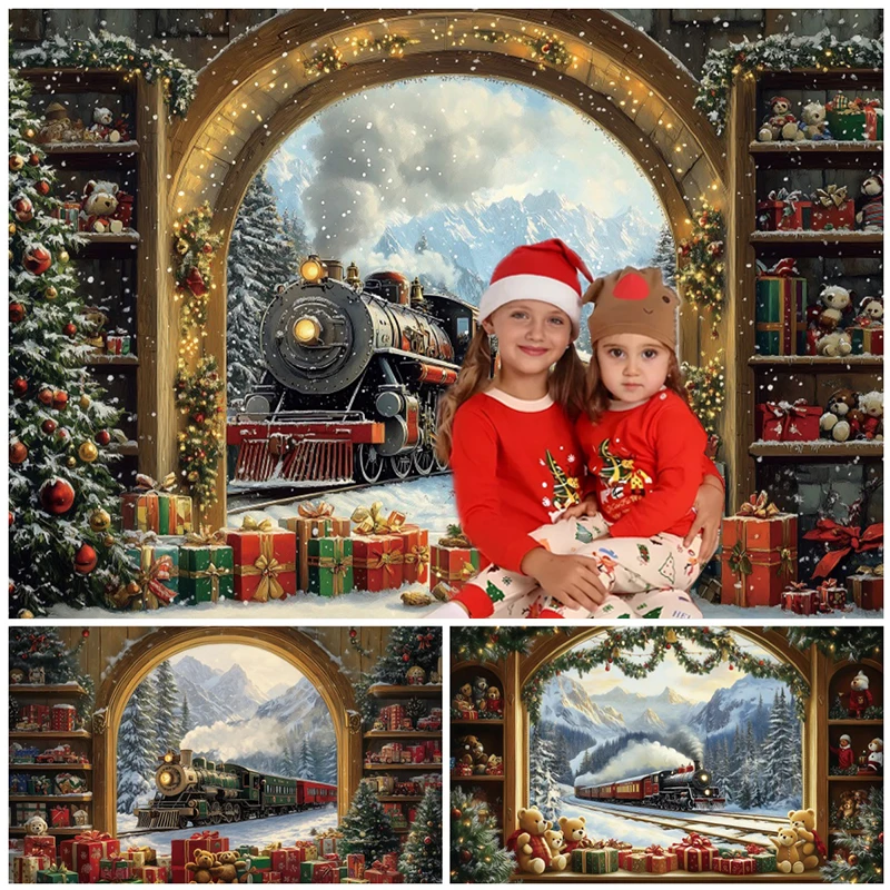 Christmas Train Backgrounds For Photographs Snowy Mountain Bookcase Arch Gift Piles Lights Festive Kids Family Portrait Backdrop