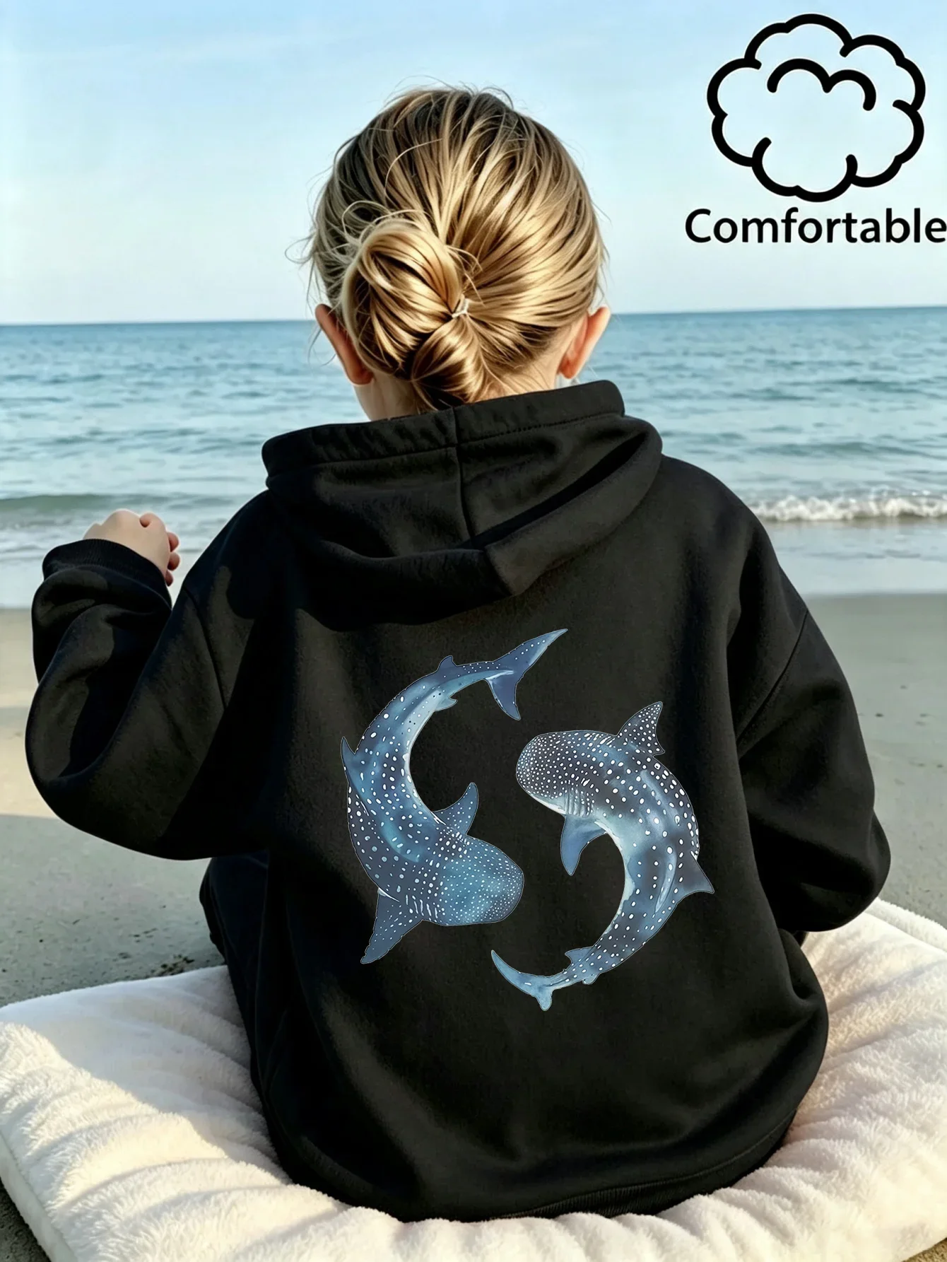 Girls Black Whale Shark Graphic Printed Hoodie Teen Marine Life Back Print Oversized Sweatshirt Loose Hooded Jumper