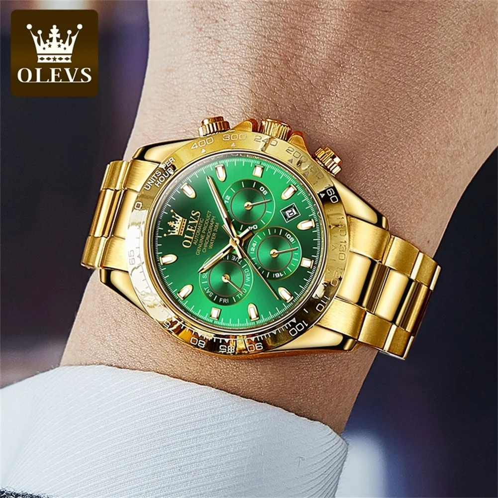 OLEVS Luxury Automatic Mechanical Watch for Men Classic Chronograph Top Brand Golden Stainless Steel Waterproof Men\'s Wristwatch